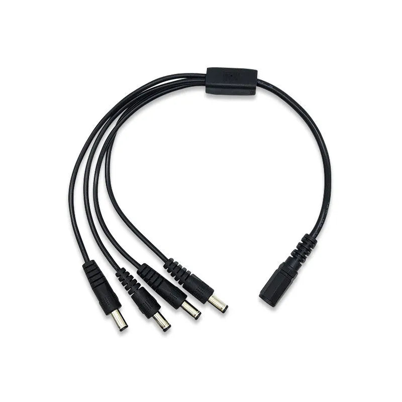 Black DC 1-in-4 power splitter cable with 5.5mm connectors for CCTV cameras