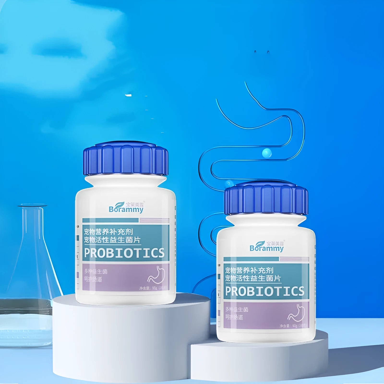 Sealed plastic bottle containing 180 small, round pet probiotic tablets on a plain background.