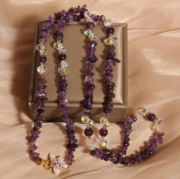 Natural quartz sand stone necklace with alloy pendant and crystal gravel beads in amethyst, citrine, or pink colour.