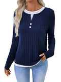 Women's solid colour button-front pullover sweater with a concave stripe texture pattern.
