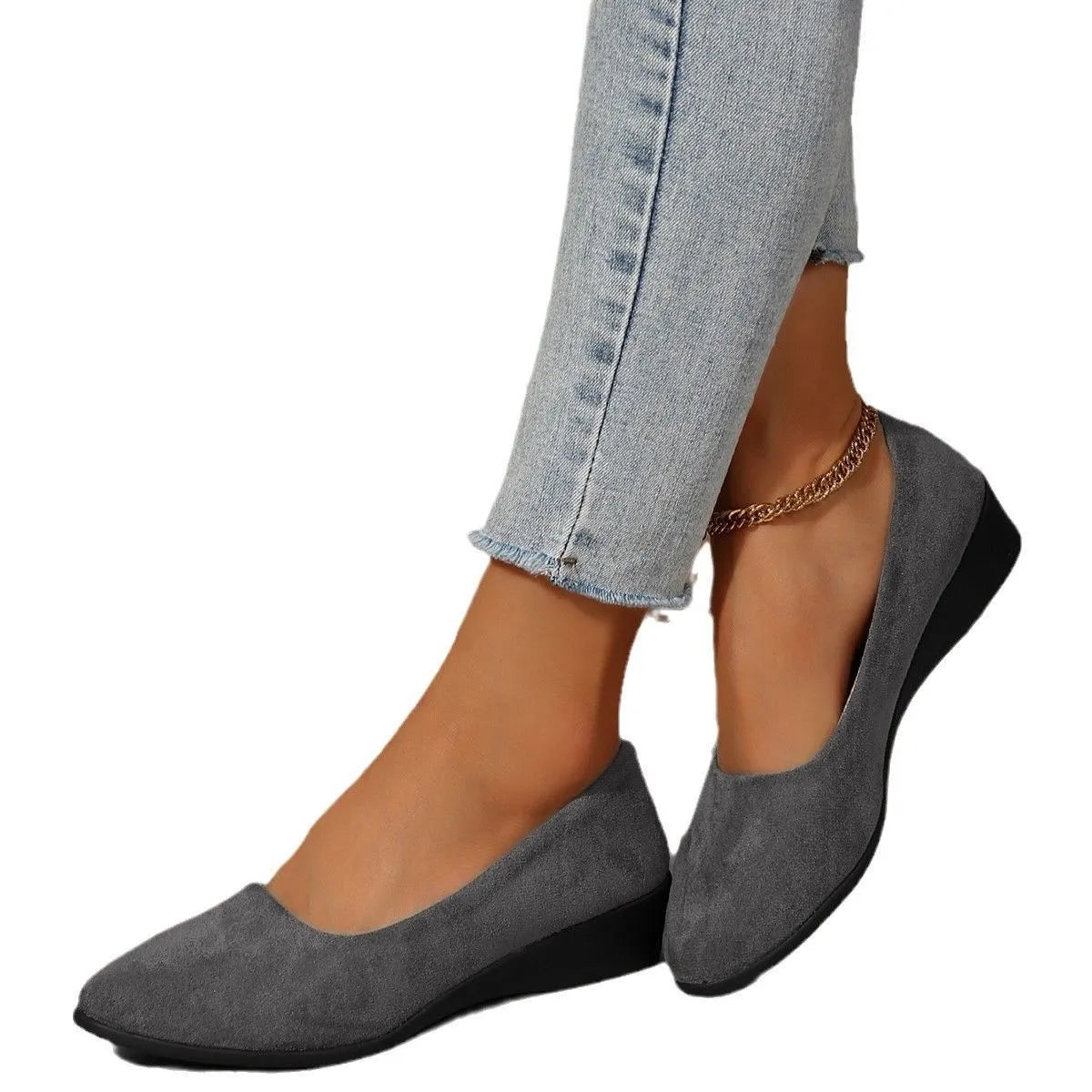 Women's pointed toe suede wedge pumps in light brown with a low rubber sole.