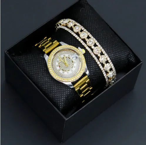 Women's fashion bracelet watch with gold or silver strap, three-row rhinestone detail, black or white face, 8mm case