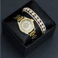 Women's fashion bracelet watch with gold or silver strap, three-row rhinestone detail, black or white face, 8mm case