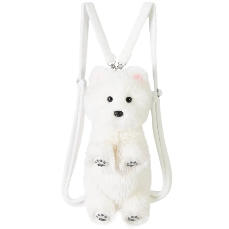 West Highland simulation plush dog wearing a JK plaid blue scarf in gift box packaging