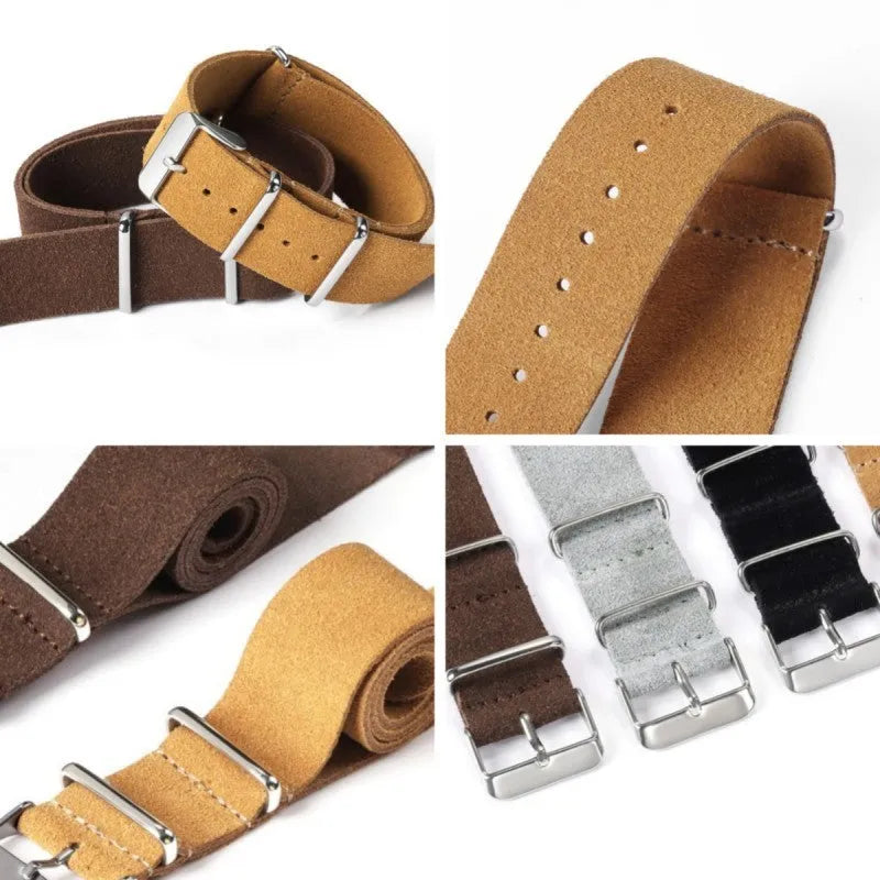 Genuine leather watch strap with velvet finish in brown, 20mm width, retro artistic style on display
