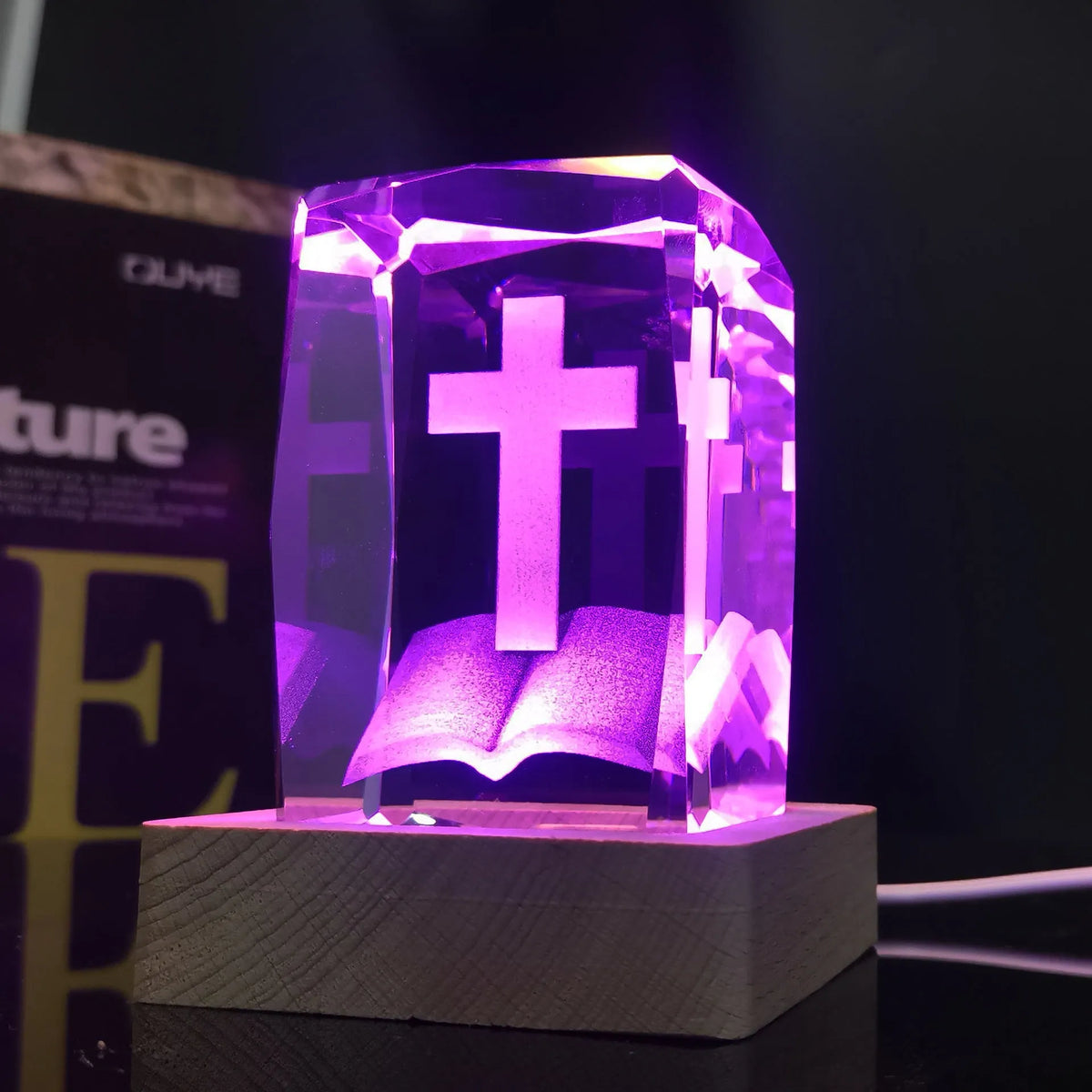 Transparent K9 white crystal cross inner carving 5x8cm with optional square wood warm or coloured USB lamp