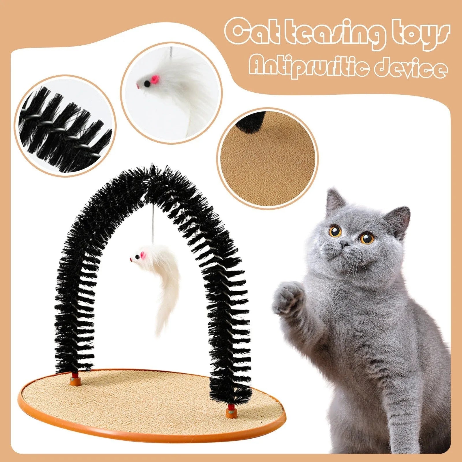 Black arch-shaped cat grooming brush with scratching surface and attached plush mouse toy on non-slip base