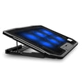 Black laptop cooling rack with six fans, metal mesh surface and adjustable height, 370 x 255 x 27 mm