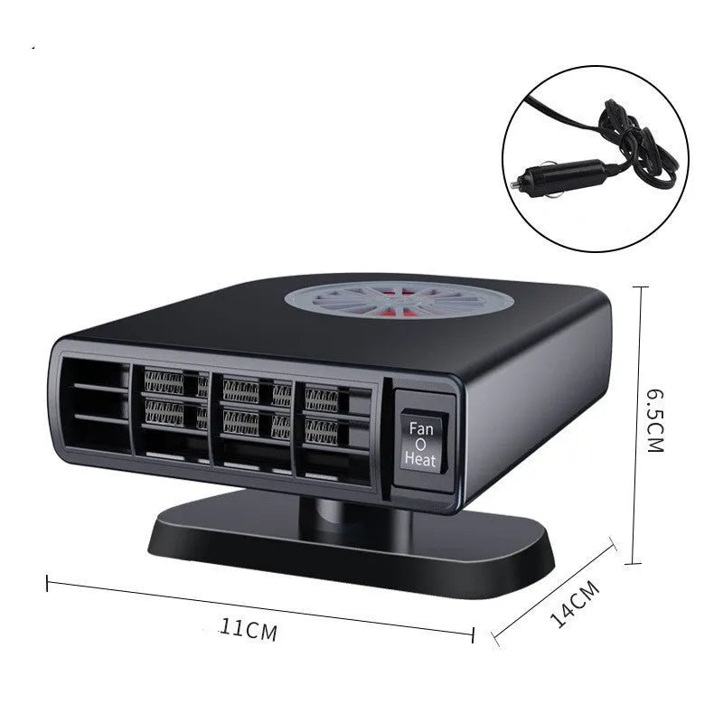 Black compact vehicle-mounted 12V car heater for defrosting and defogging windscreens.