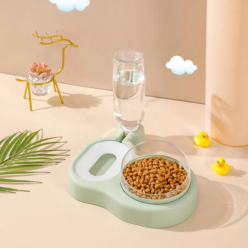 Double bowl automatic pet feeder with 360 degree rotation and tilt for cats in grey colour
