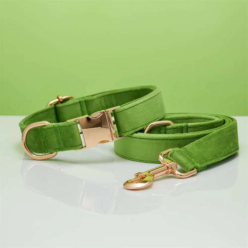 Striped wool dog collar in coral orange with attached leash on a neutral background