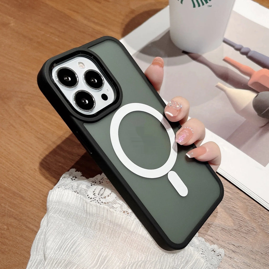 Magnetic matte phone case for iPhone 11-15 Pro Max in black, pink, green, blue, white and transparent
