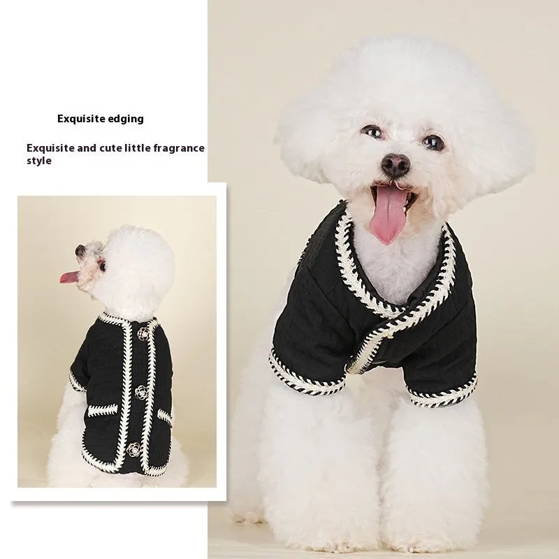 Cartoon print quilted dog coat in light purple colour for winter warmth