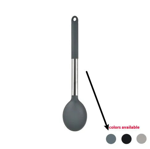 12-piece black silicone kitchen utensil set including spatula, spoon, and claw tools in a rotating storage bucket on a kitchen counter.