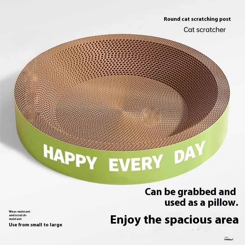 Green round cat scratching board nest with sisal surface, shown in 50cm and 55cm diameter sizes.