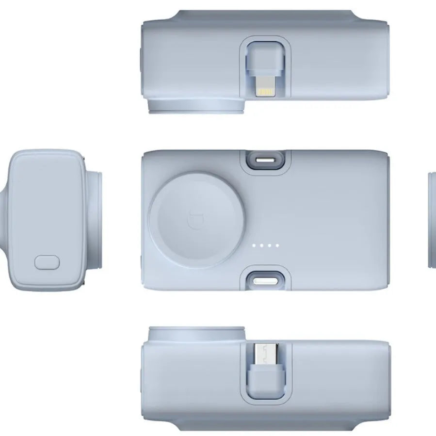 Small white plastic wireless power bank showing dimensions and Qi charging symbol.
