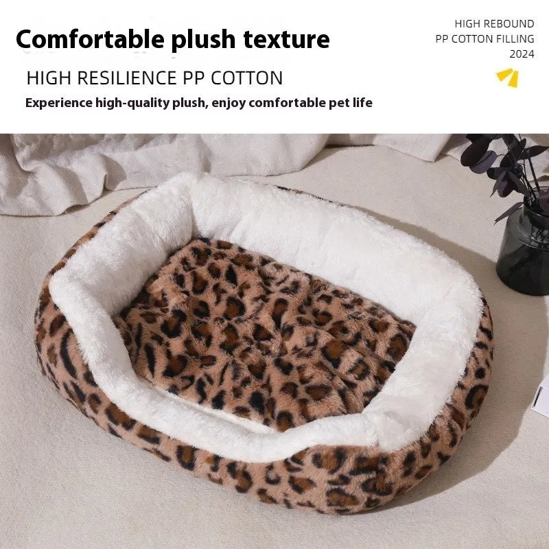 Leopard print cloth cat nest pet bed in brown, purple, or pink, sizes 46x35cm, 60x45cm, 90x60cm