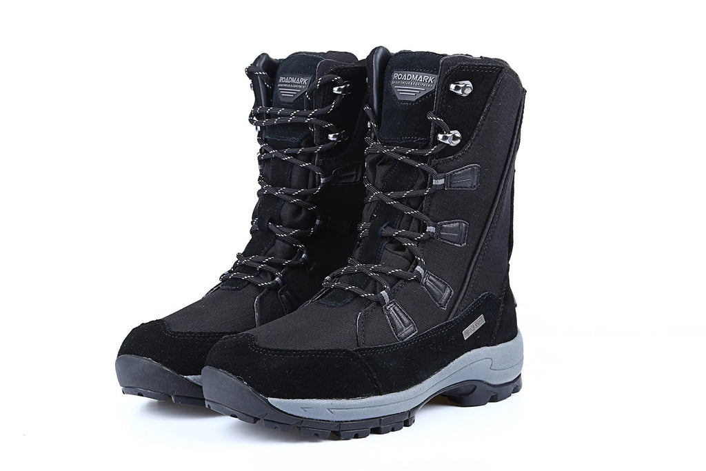 Women's black genuine leather mid-calf snow boots with a rubber sole on a white background.