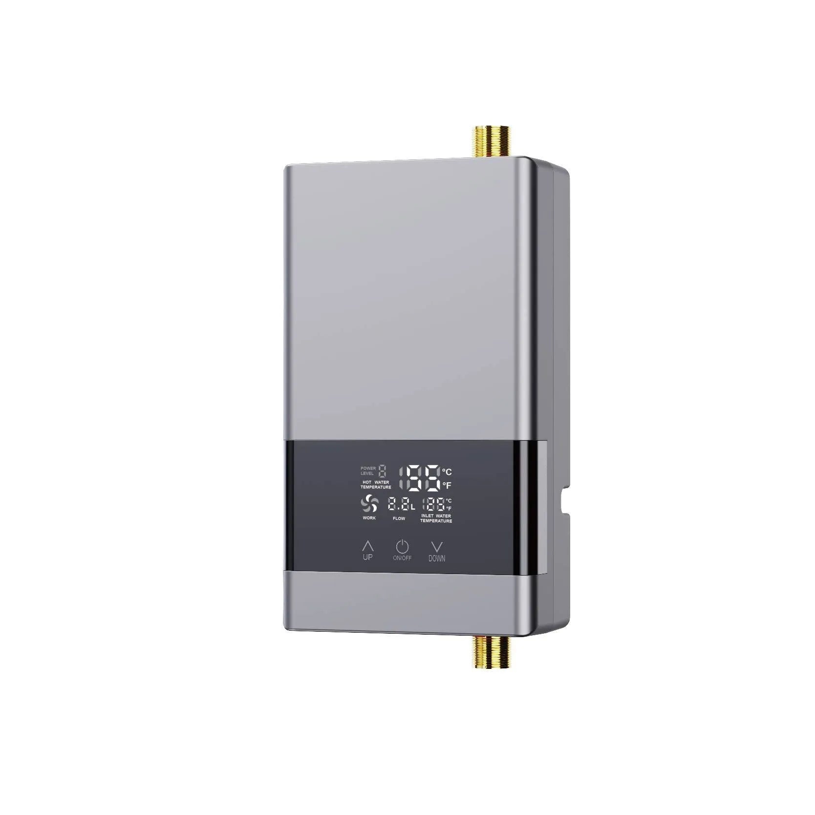 Portable instant electric water heater unit with LED touch screen display in gold, silver, or white finish.