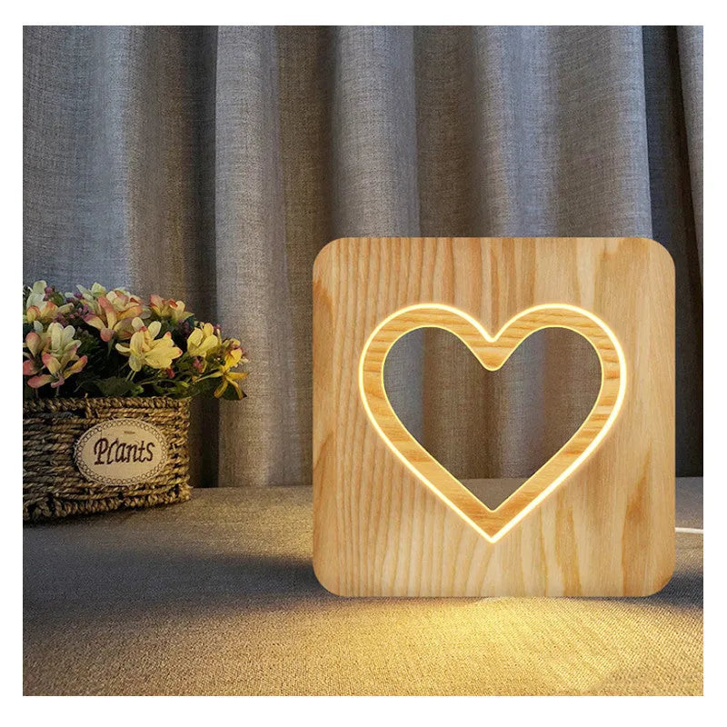 Solid wood hollow night lamp with warm white LED illumination and square wooden frame