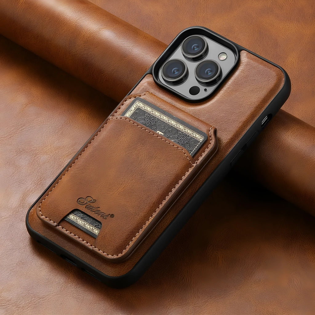 Black silicone iPhone case with Magsafe ring and rear card slot, showing oil wax pattern texture.