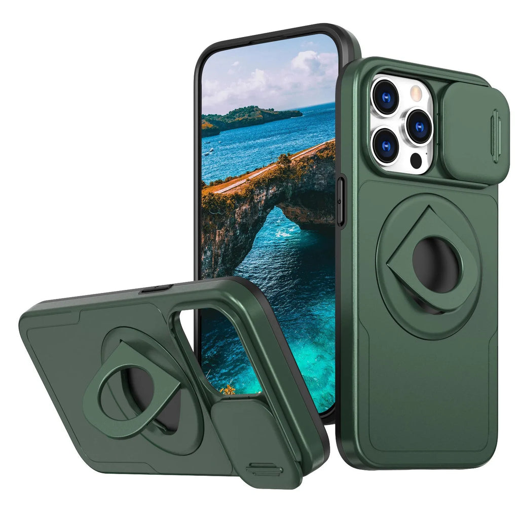 Phone case with sliding window, magnetic ring rotating bracket, in black, for Apple iPhone 16 Pro Max