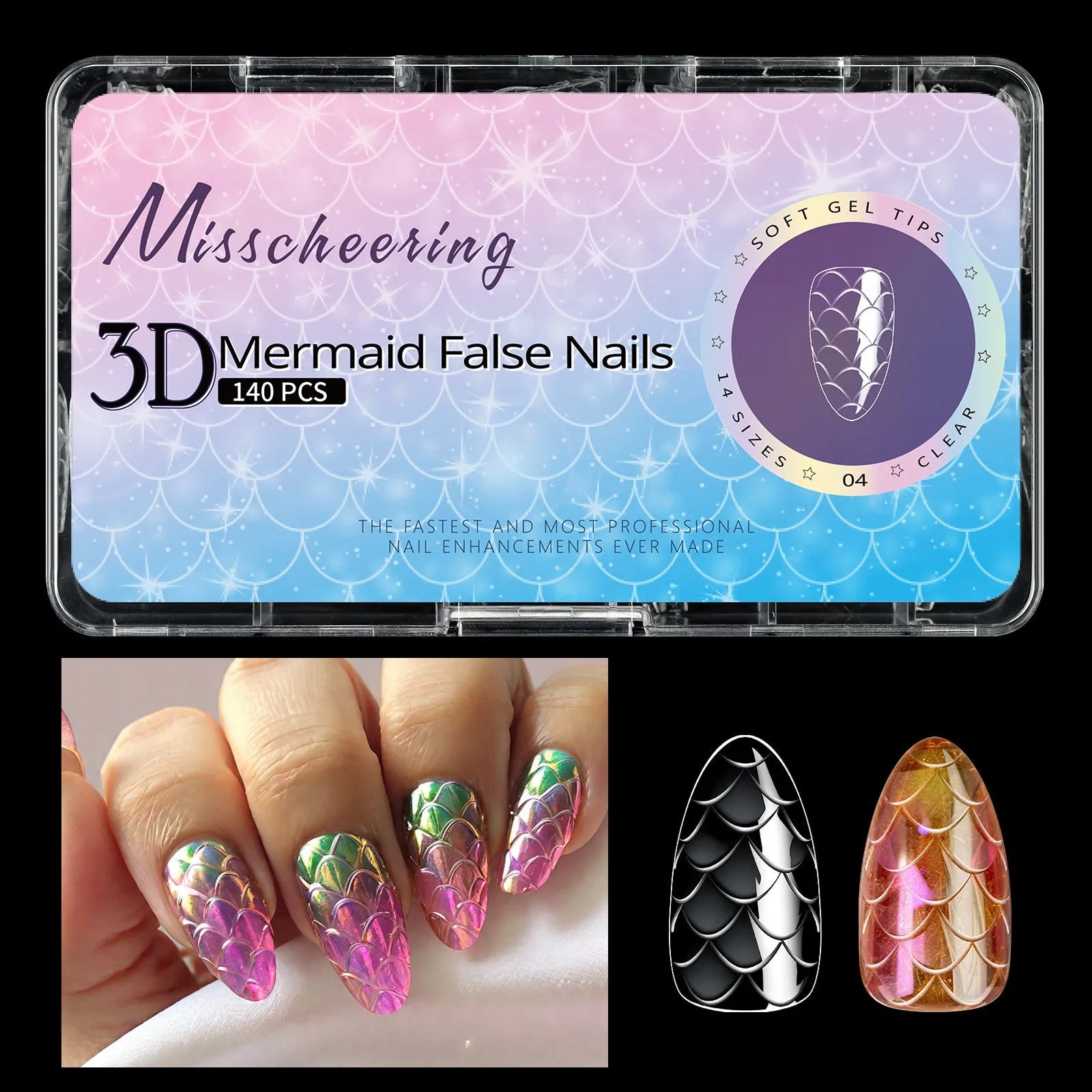 3D scale long shaping artificial nail tips with deep C-curve in Frigate Box colour options