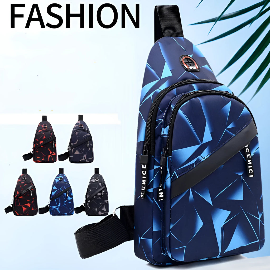 Blue men's crossbody sling bag with earphone hole, made from Oxford cloth, showing front zipper and strap.
