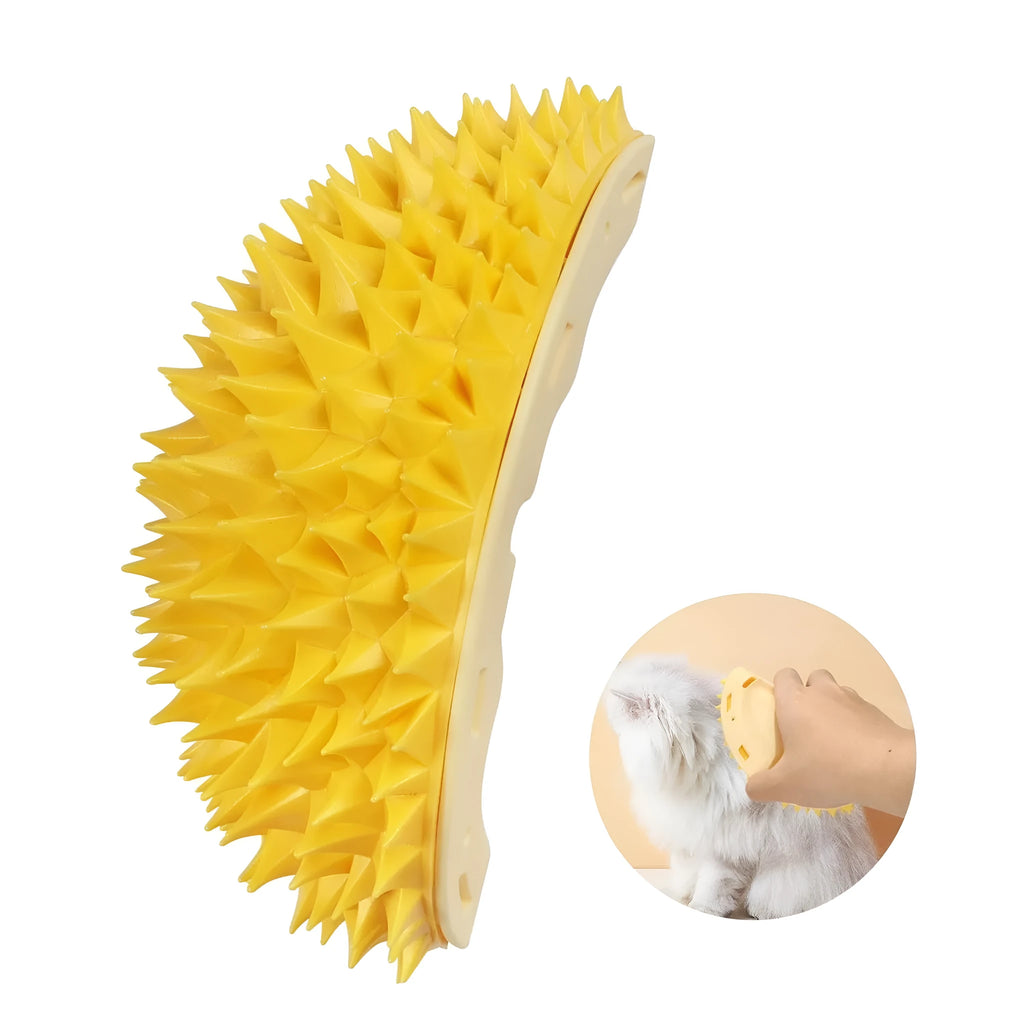 Yellow durian-shaped cat corner scratcher with textured surface and included mint powder packet