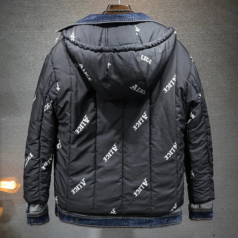 Men's loose hooded fleece jacket blue with patch pockets and raglan sleeves winter thickened cotton coat
