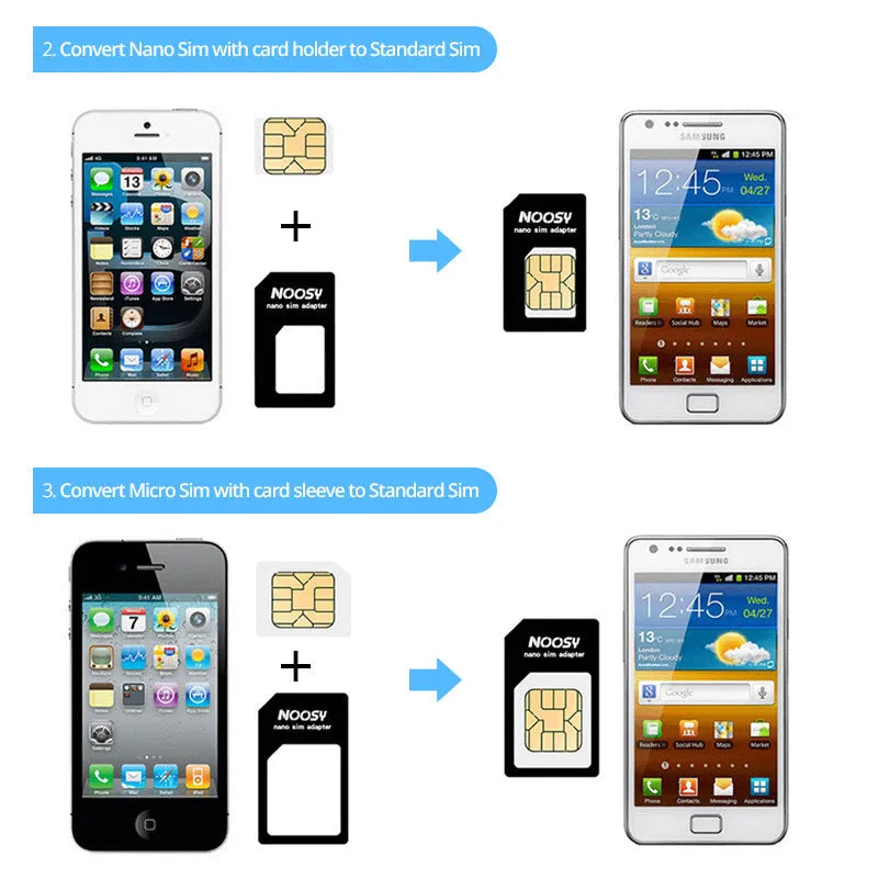 SIM card adapter set with three plastic converters and metal picking pin for mobile phones