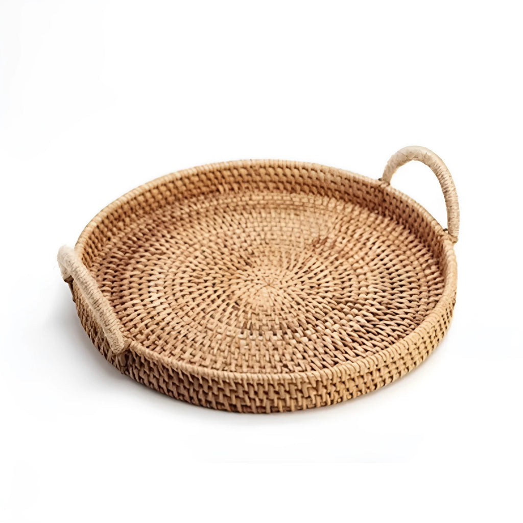 Round handwoven rattan basket with wooden handle in natural colour