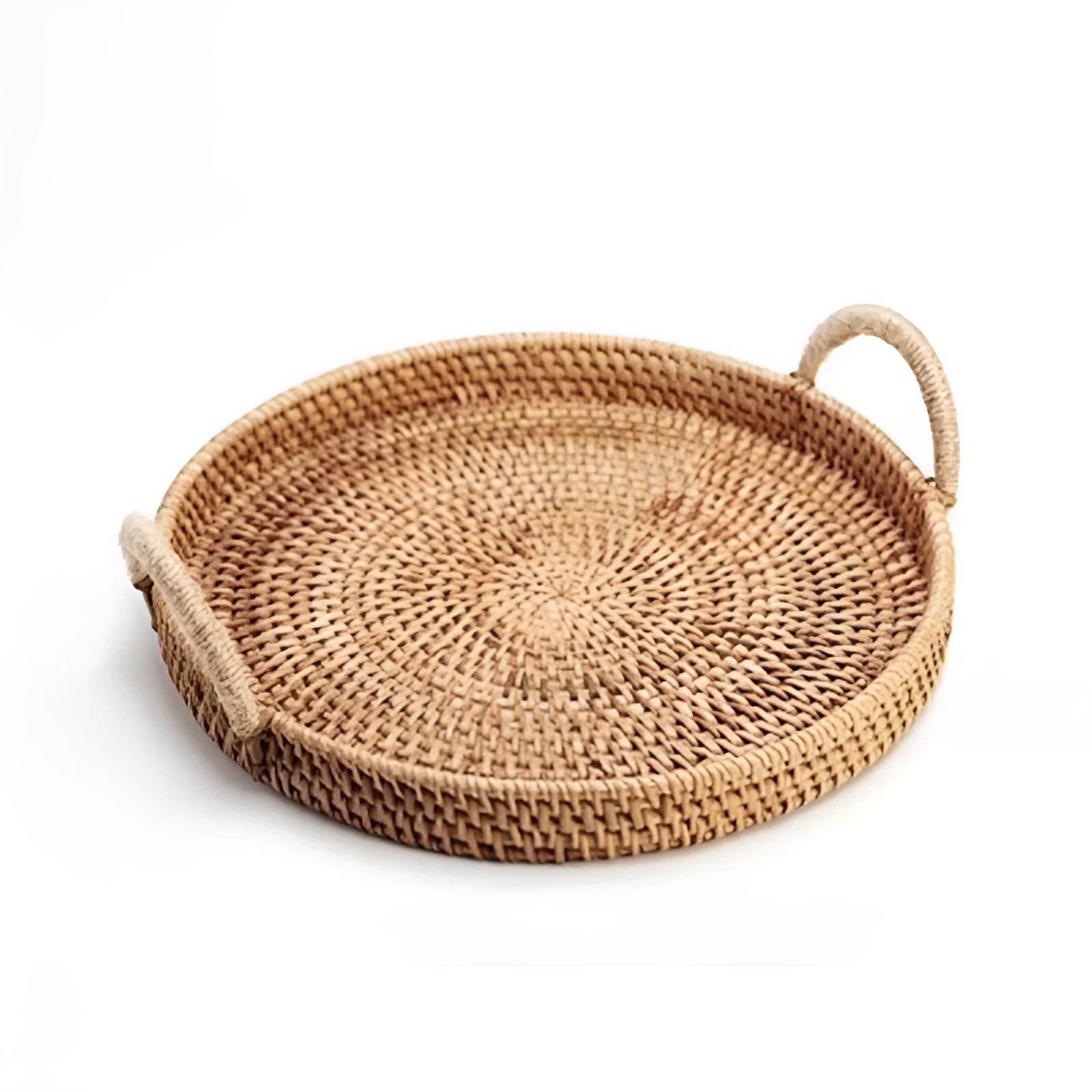 Round handwoven rattan basket with wooden handle in natural colour
