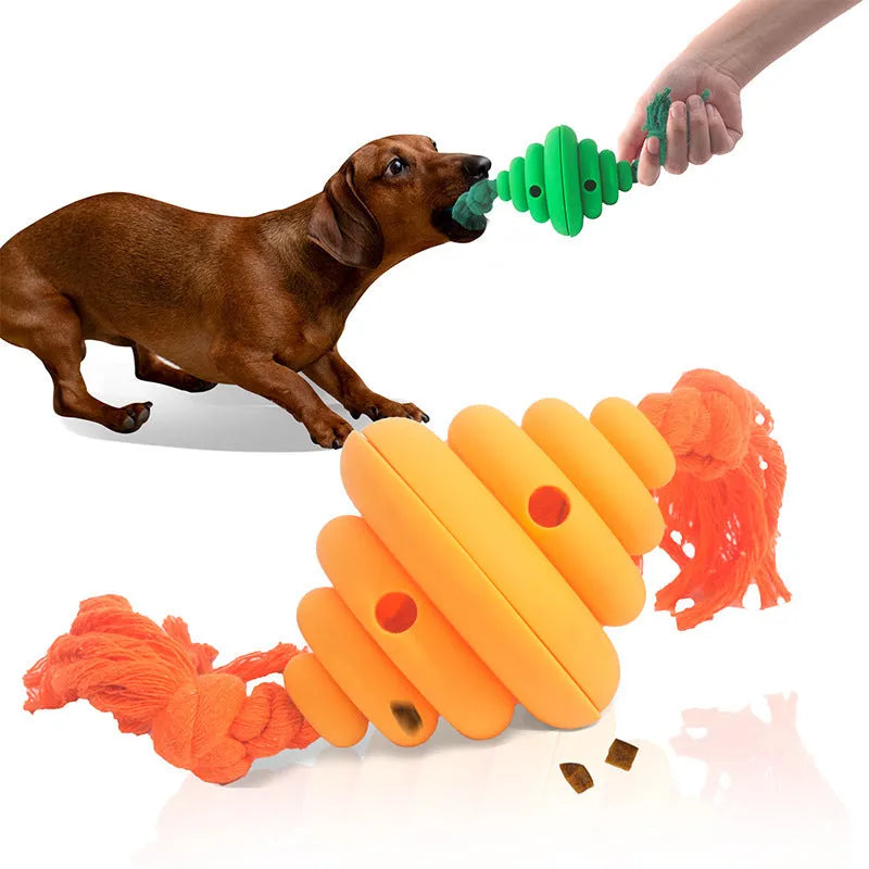 Green and yellow spiral dog ball with attached rope for tug-of-war and treat dispensing