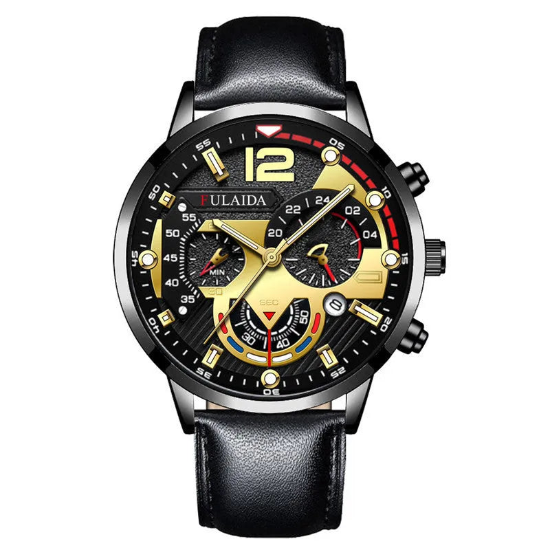 Men's casual quartz watch with calendar, genuine leather strap, rose gold buckle, alloy case, 37mm dial