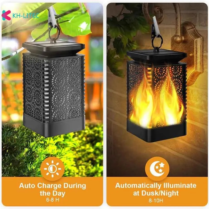 Set of four black solar-powered garden lanterns with flickering LED flame effect.