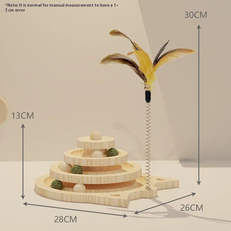 Solid wood cat scratching board toy with rotating turntable mechanism and felt mouse accessories