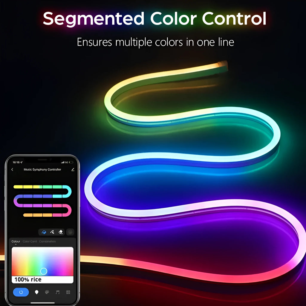 12V flexible LED neon light strip with full colour flowing light, app and voice control, 6x12mm profile
