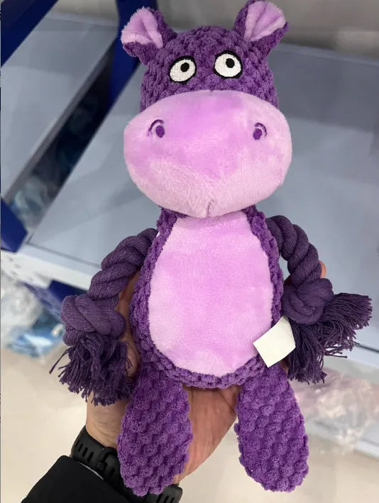 Plush and cotton rope interactive tug of war dog toy in hippo design