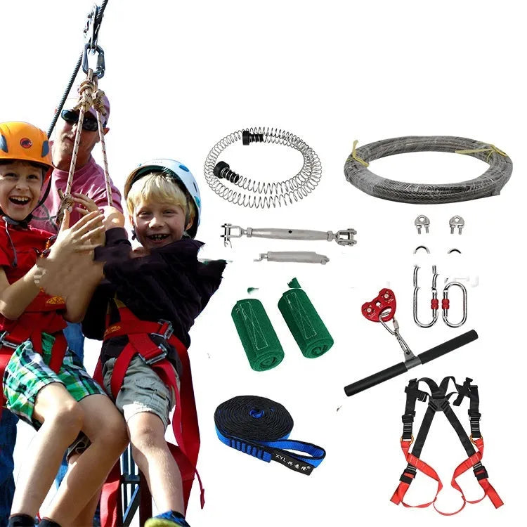 XYL Ziptreck pulley slide rope system with alloy steel components and safety harness