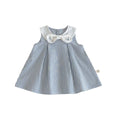 Summer baby bowknot embroidered vest dress in soft fog blue cotton, sleeveless, for girls 73-120 cm
