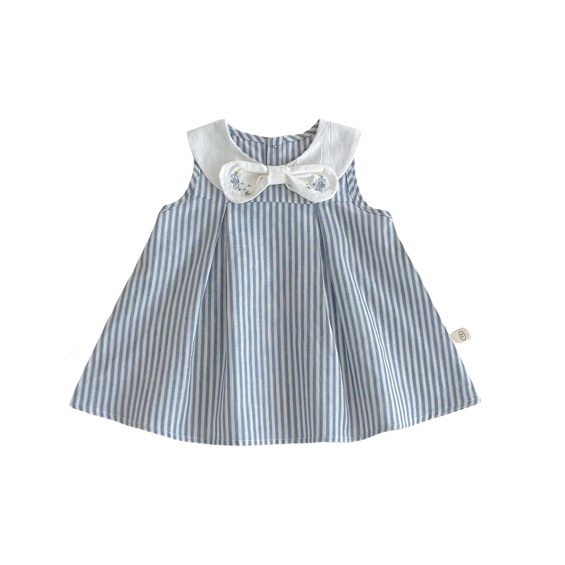 Summer baby bowknot embroidered vest dress in soft fog blue cotton, sleeveless, for girls 73-120 cm