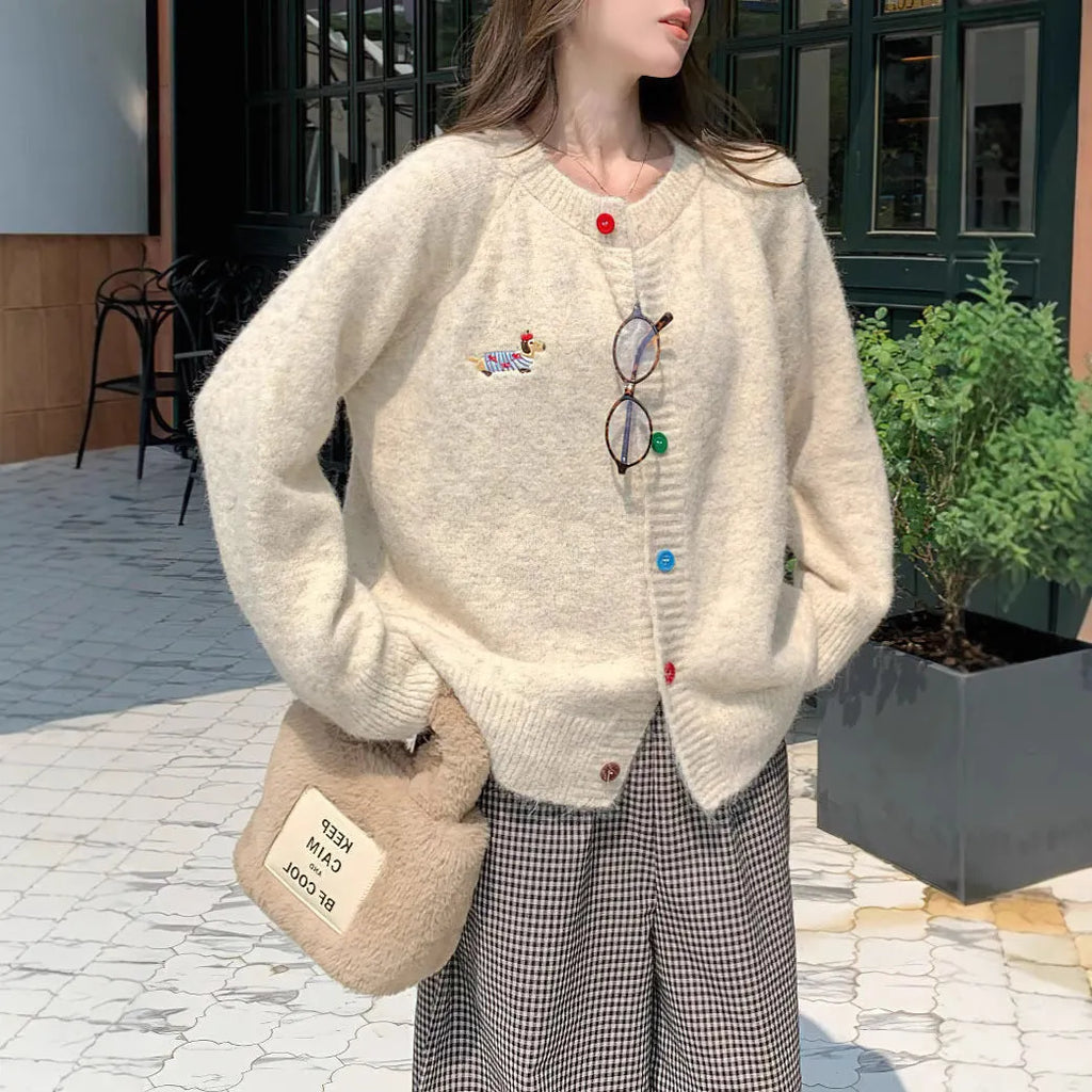 Women's round neck long sleeve cardigan with puppy pattern and buttons, acrylic knit, free size, 50cm length