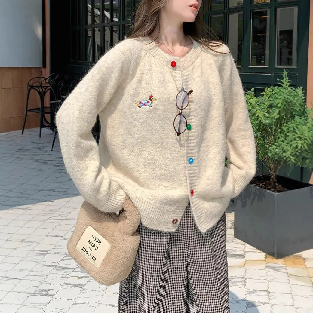 Women's round neck long sleeve cardigan with puppy pattern and buttons, acrylic knit, free size, 50cm length