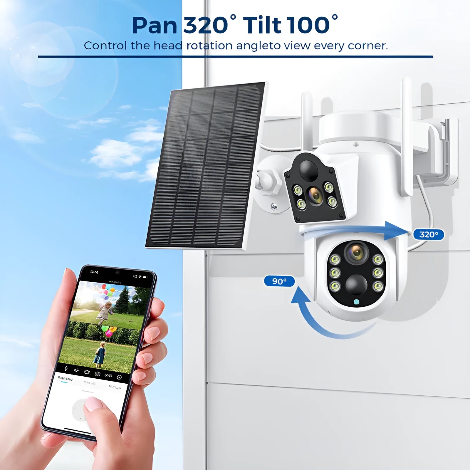Outdoor solar-powered wireless Wi-Fi surveillance camera with solar panel on a wall.