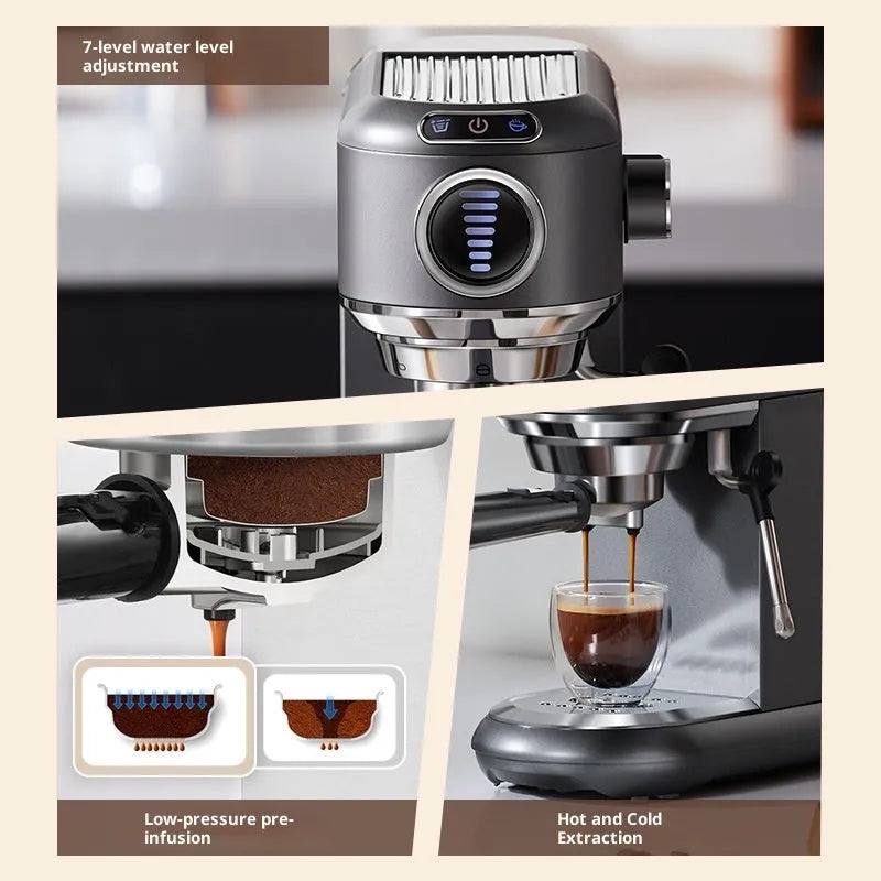 Dark gray espresso coffee machine with steam wand and control panel on countertop