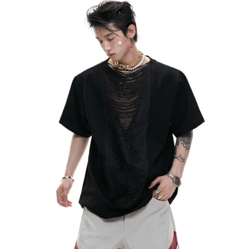 Black men's loose V-neck short sleeve t-shirt with tassel detail on solid polyester fabric.
