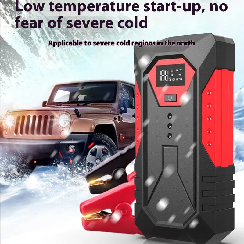 Red 12V car emergency jump starter power bank with battery clamps and charging cable