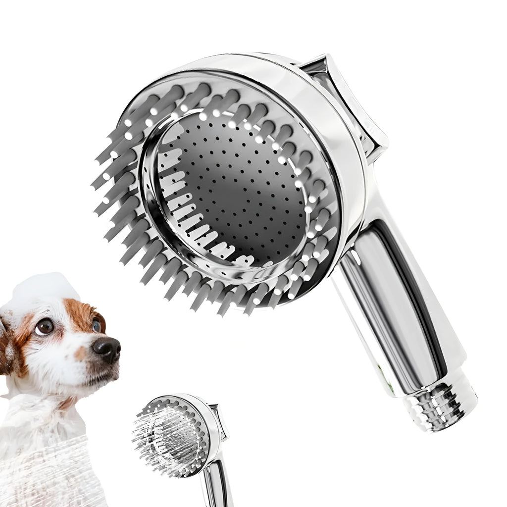 Silver dog shower attachment with silicone comb teeth and ergonomic grip for pet bathing