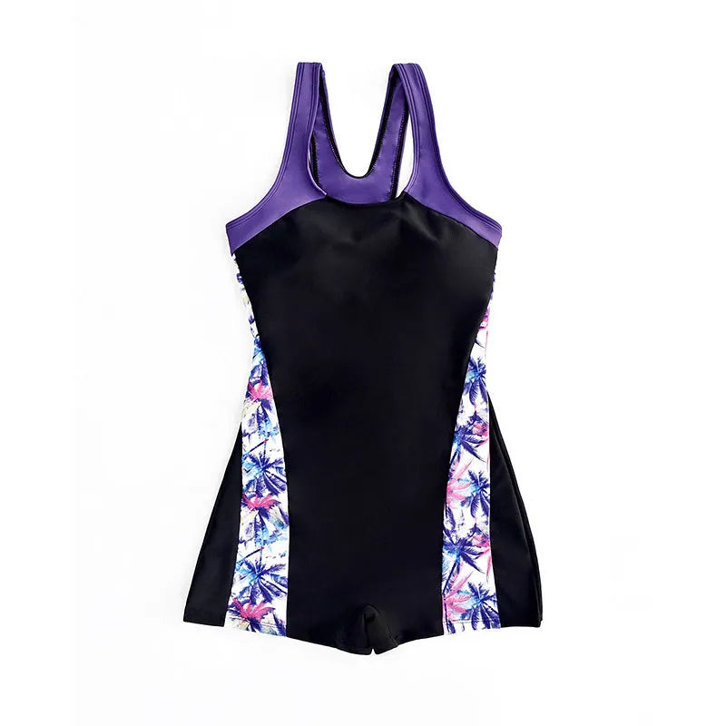 Women's printed backless one-piece swimsuit with stitched detailing in blue polyester sleeveless swimwear